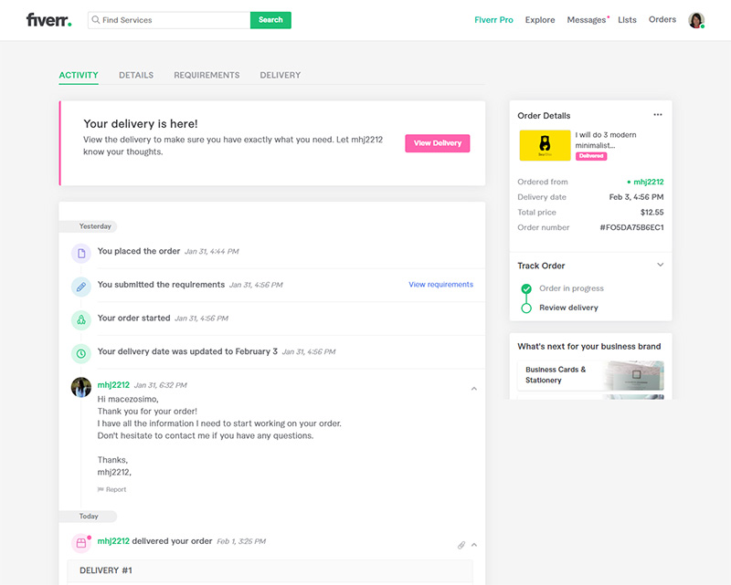 Fiverr หน้าเว็บ