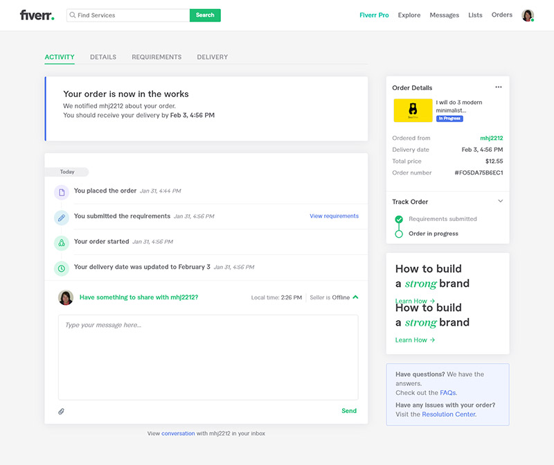 Fiverr หน้าเว็บ
