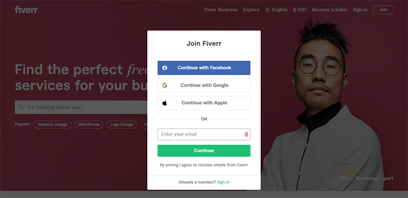 แบบฟอร์มเข้าสู่ระบบ Fiverr