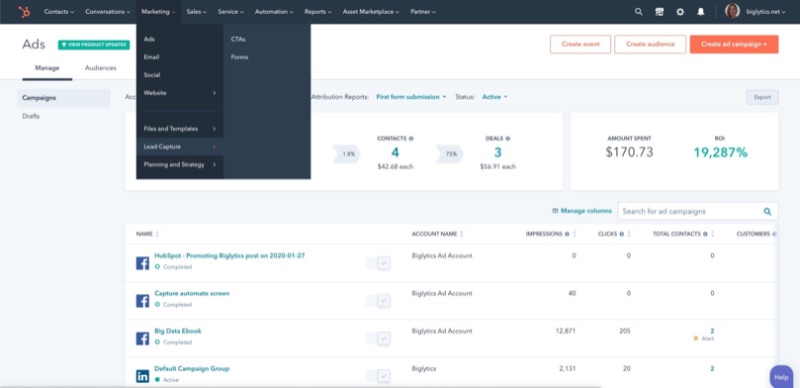 UI alat pemasaran HubSpot