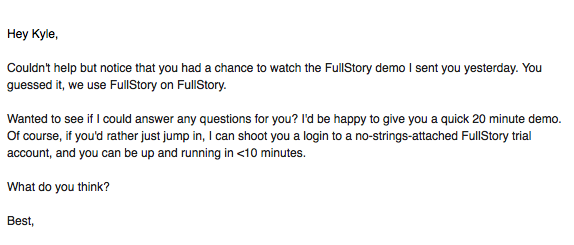 e-mail de acompanhamento de fullstory