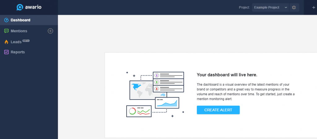 Awario Dashboard bez wzmianki o konfiguracji alertu