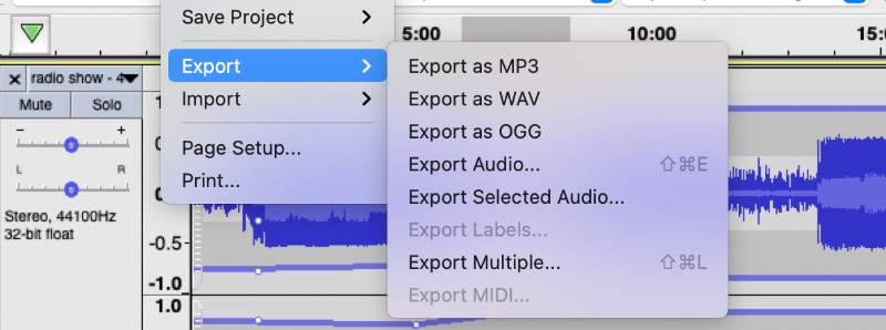 Audacity 播客导出文件菜单