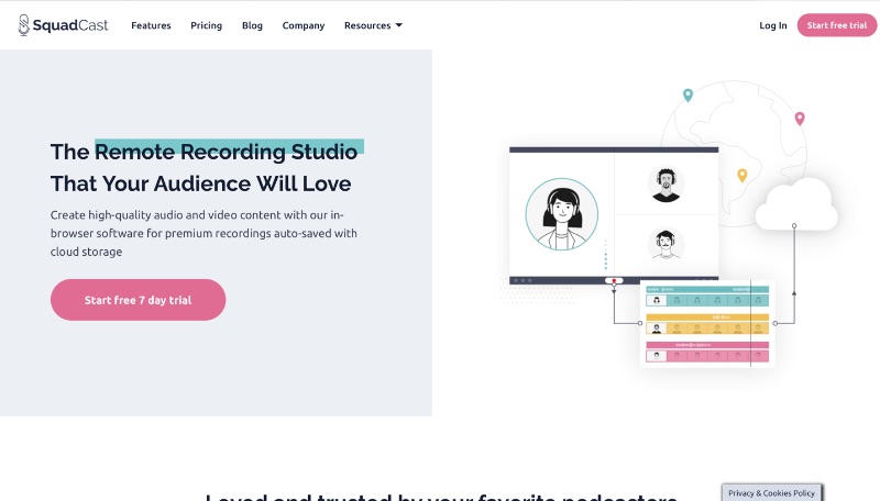 Tangkapan layar situs web Squadcast
