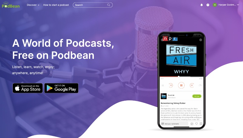 Tangkapan layar situs web aplikasi seluler ulasan Podbean