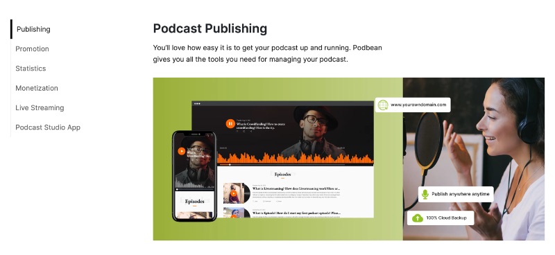 Halaman fitur ulasan penerbitan podcast Podbean