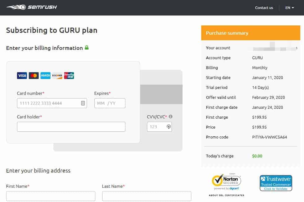 Semrush-free-guru-trial-offer-checkout-page