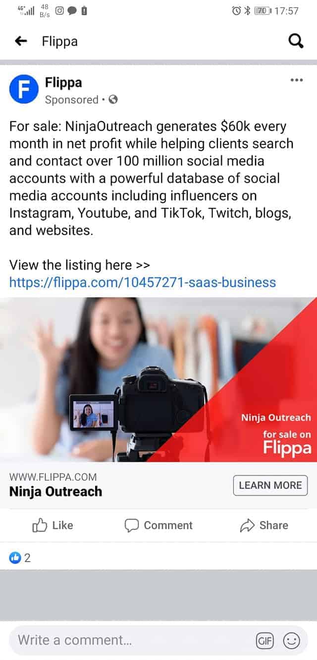 ninja-outreach-flippa-facebook-ad