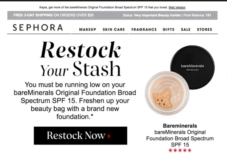 Sephora stoklama ürünleri e-postası