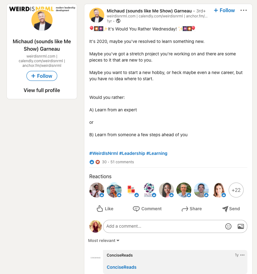 สกรีนช็อตของคำถาม โพสต์ LinkedIn จาก Michaud Garneau