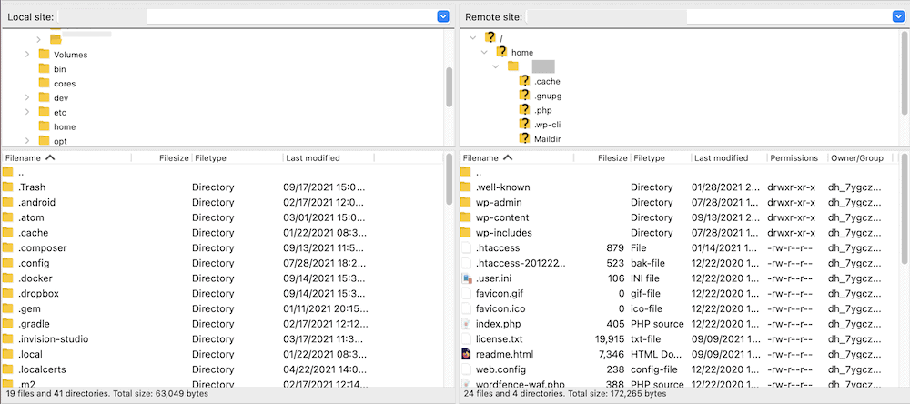 連接的 FileZilla 會話。
