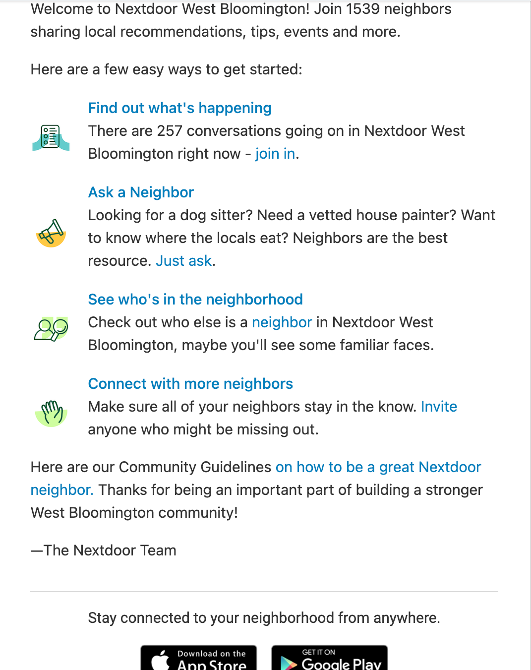 Screenshot dell'e-mail di benvenuto di NextDoor