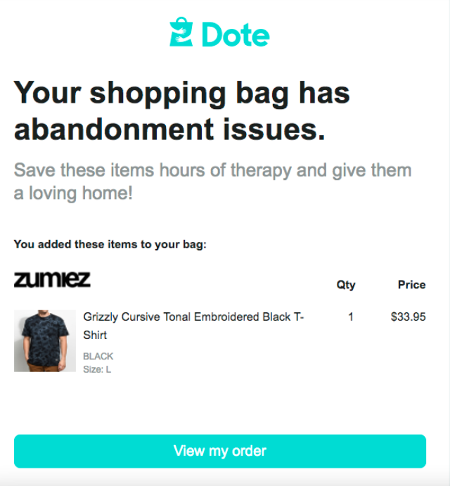 Screenshot dell'e-mail di abbandono del carrello di Dote