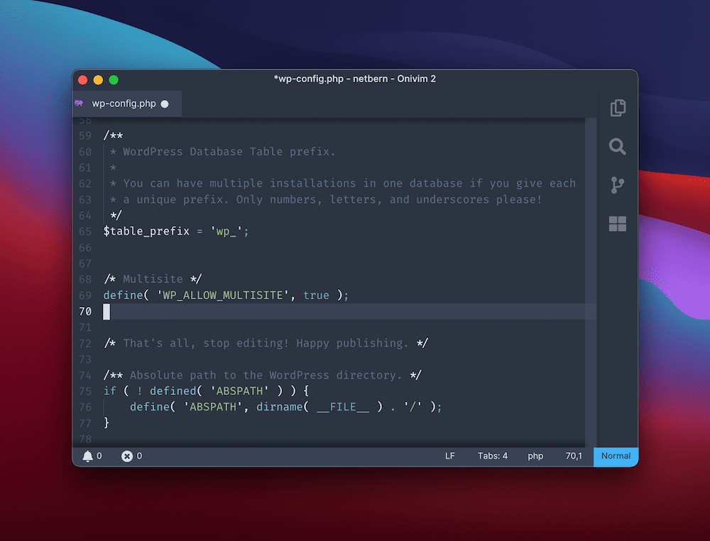 Edycja pliku wp-confog.php w Onivim.
