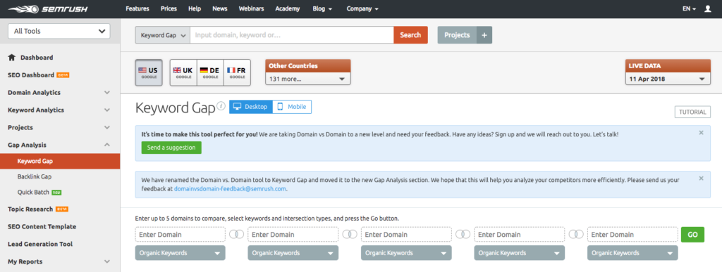 Strumento SEMrush gap analysis per le parole chiave gap