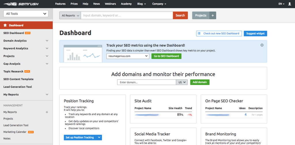 Schermata della dashboard di SEMrush