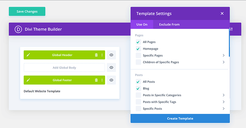 Impostazioni del modello di Divi Theme Builder