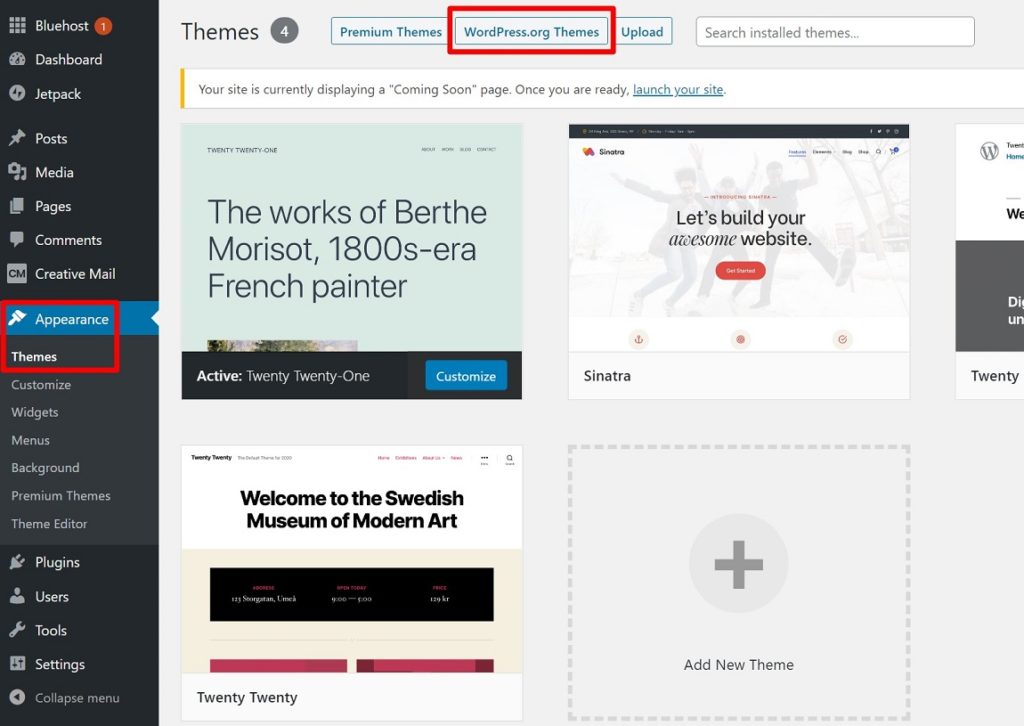 Pemasang tema Bluehost