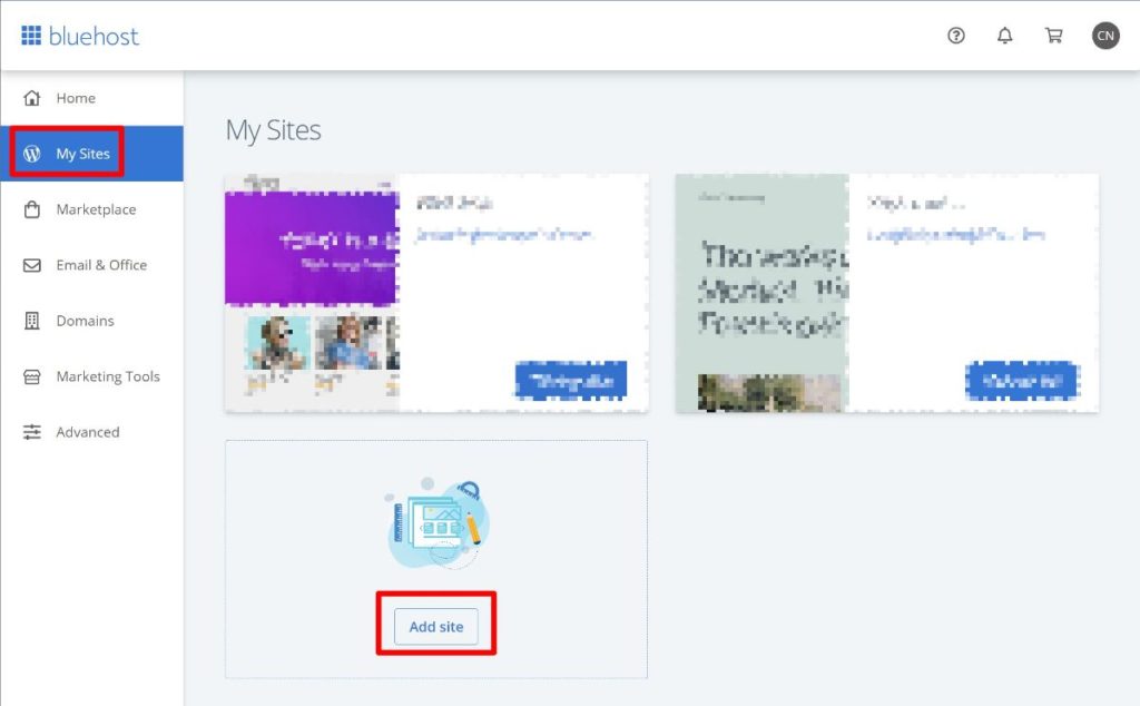 Dasbor situs Bluehost
