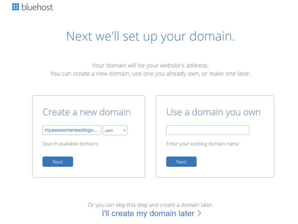 Pilih domain Bluehost
