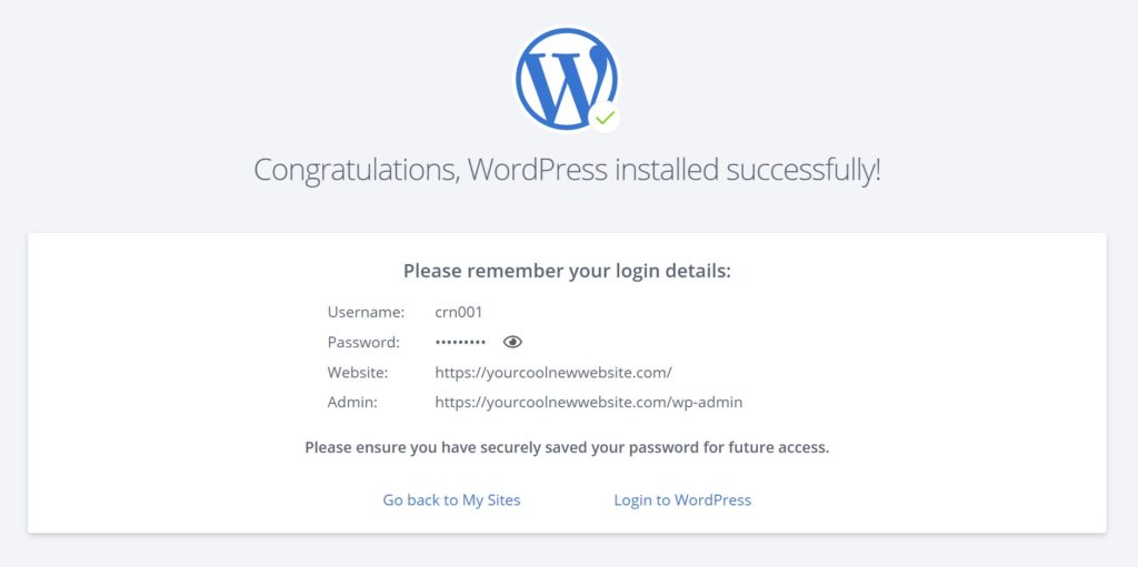 Pesan sukses menginstal Bluehost WordPress