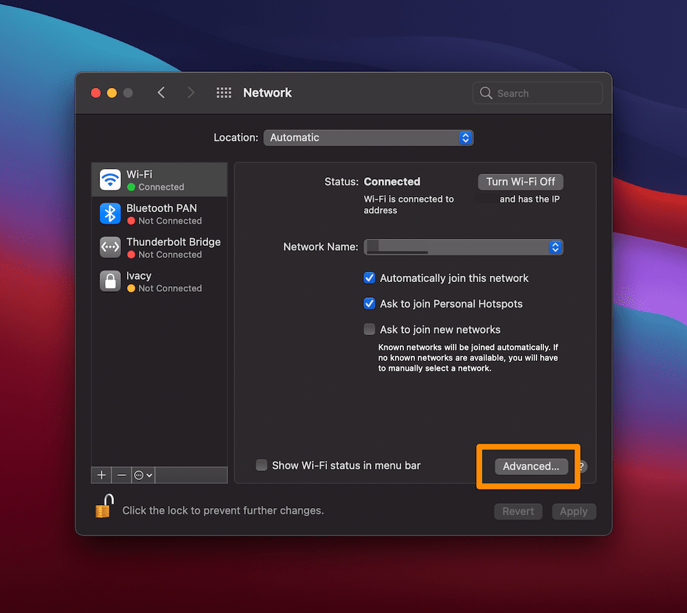 Layar Jaringan macOS, dengan tombol Lanjutan disorot.