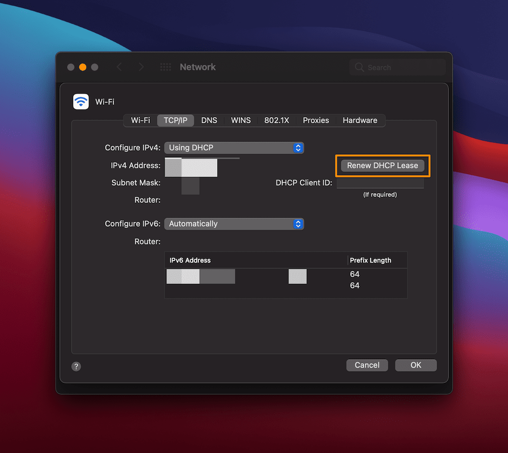 Layar Jaringan macOS menampilkan tombol Perbarui Sewa DHCP.