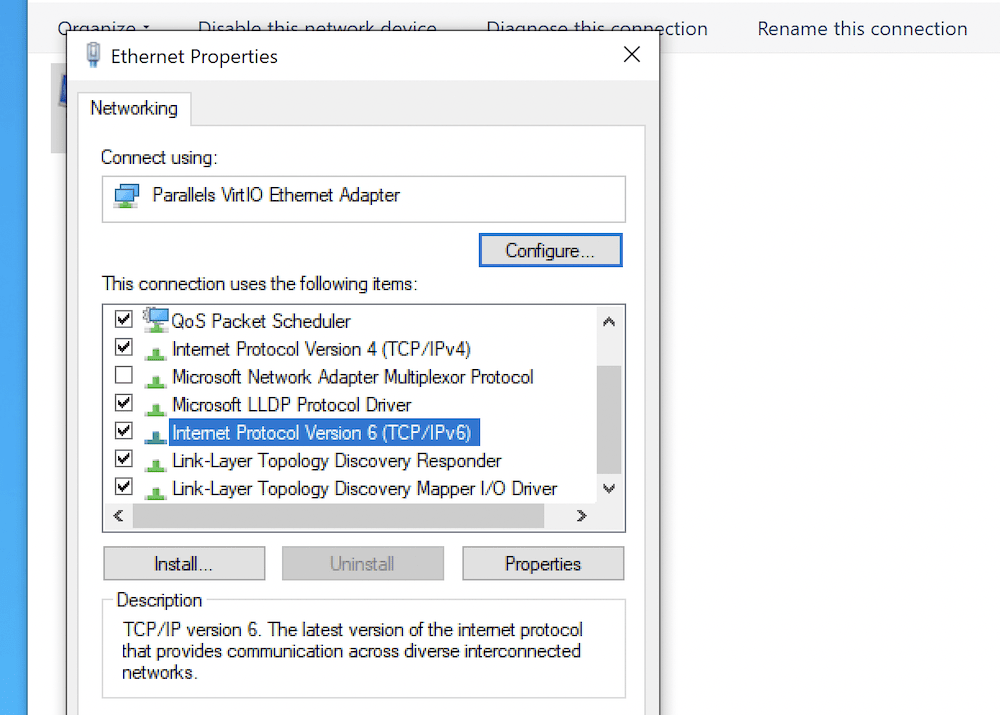 Memilih opsi TCP/IPv6 dalam tab Ethernet Properties dalam Windows.