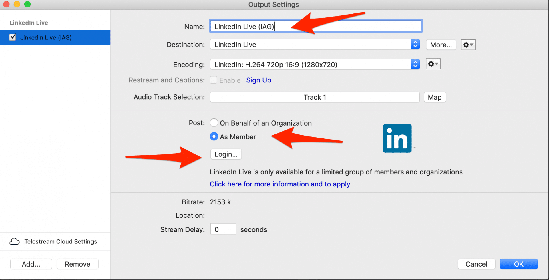Wirecast'te LinkedIn Canlı Ayarları