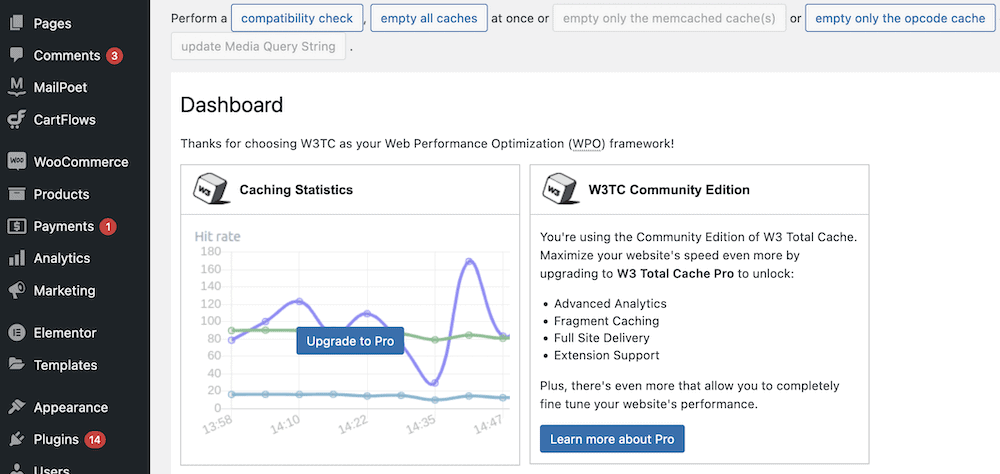Plugin W3 Total Cache di dalam dasbor WordPress.