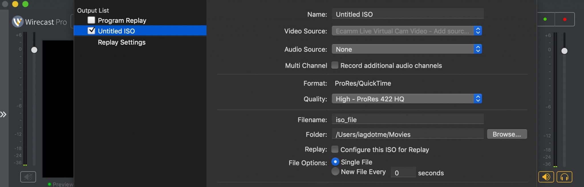 Запись ISO в Wirecast Pro