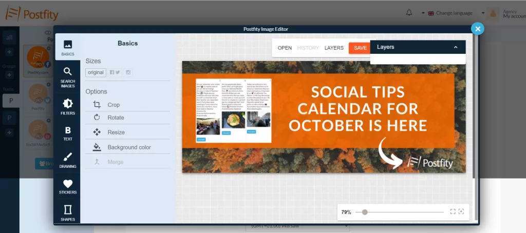 Editor de imagens no aplicativo do Postfity