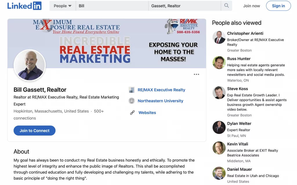 Exemplo de perfil do LinkedIn de especialista em marketing imobiliário