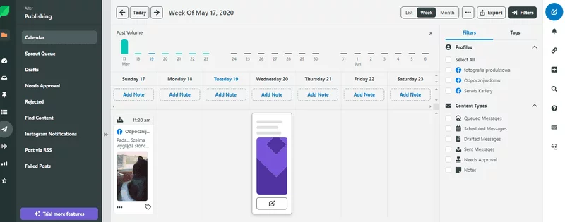 Vista del calendario di Sprout Social