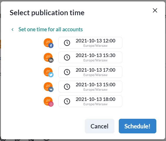 Selezione del tempo di pubblicazione per più piattaforme in Postfity