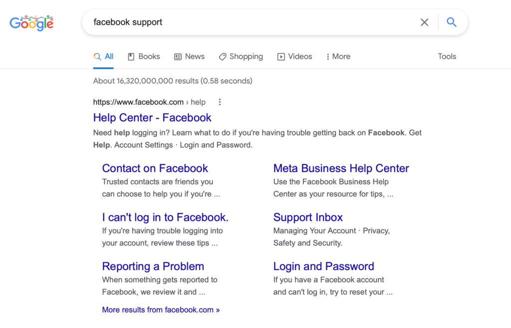risultato della ricerca dell'assistenza su facebook