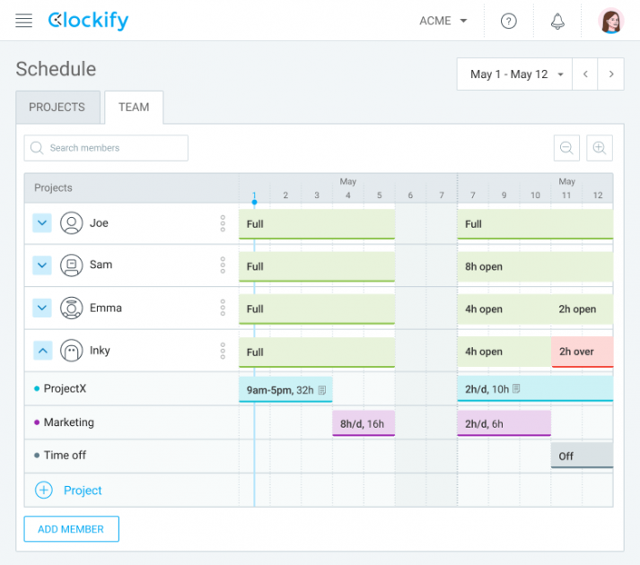 在 Clockify 中,您可以快速查看每个人的空闲时间并决定如何创建有效的日程安排