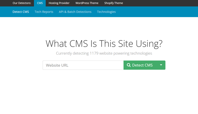 WhatCMS'in ana sayfasının ekran görüntüsü.
