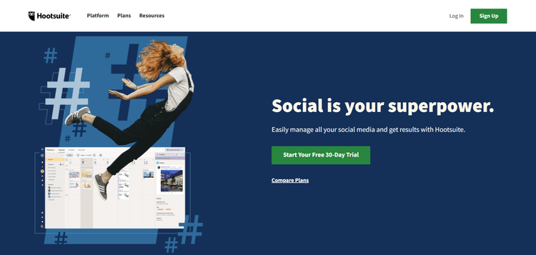 Hootsuite'in ana sayfasının ekran görüntüsü.