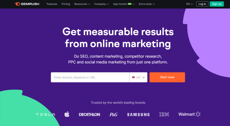 SEMRush'ın ana sayfasının ekran görüntüsü.