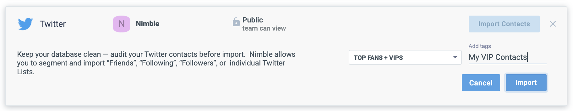 ภาพหน้าจอการนำเข้าผู้ติดต่อ Twitter