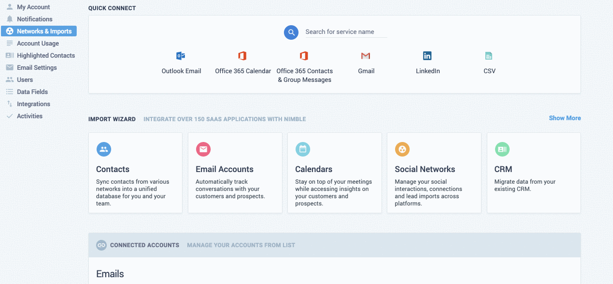 แอนิเมชั่นที่จับภาพหน้าจอแสดงวิธีเชื่อมต่ออีเมลกับ Nimble CRM