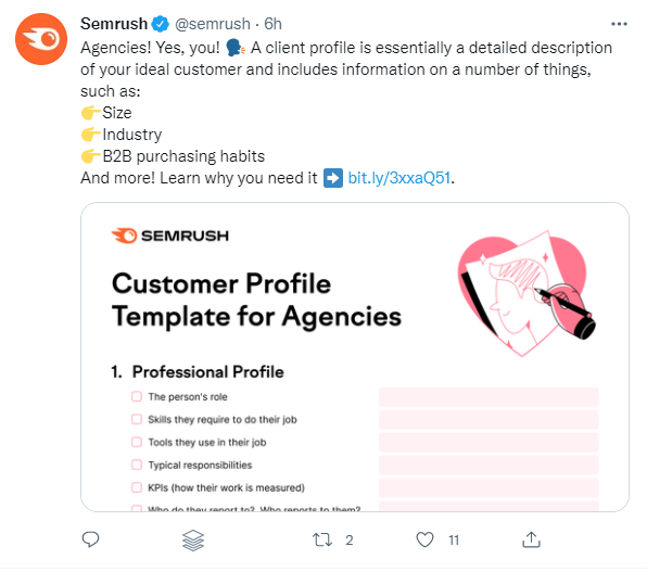 Tangkapan layar profil Twitter Semrush