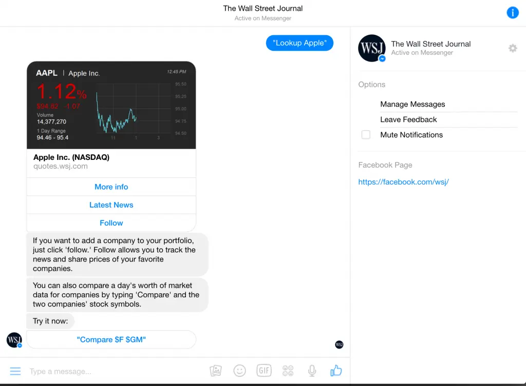 Facebook Bot en action : The Wall Street Post Facebook Messenger Bot