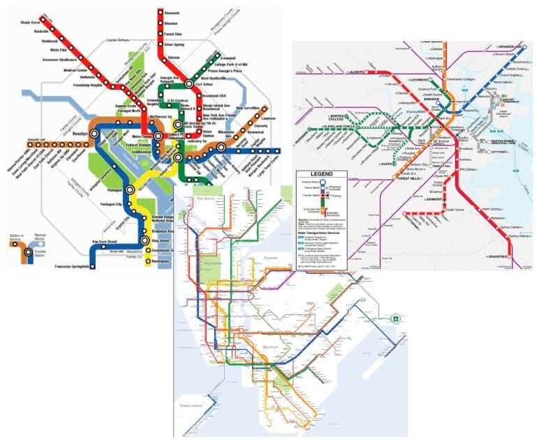 Mappe della metropolitana per New York, Boston e Washington D.C.