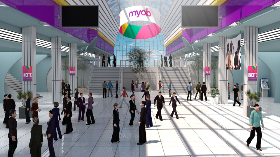 wirtualne lobby eventowe w formie atrium, z awatarami kilku osób w ciuchach biznesowych networkingu i interakcji