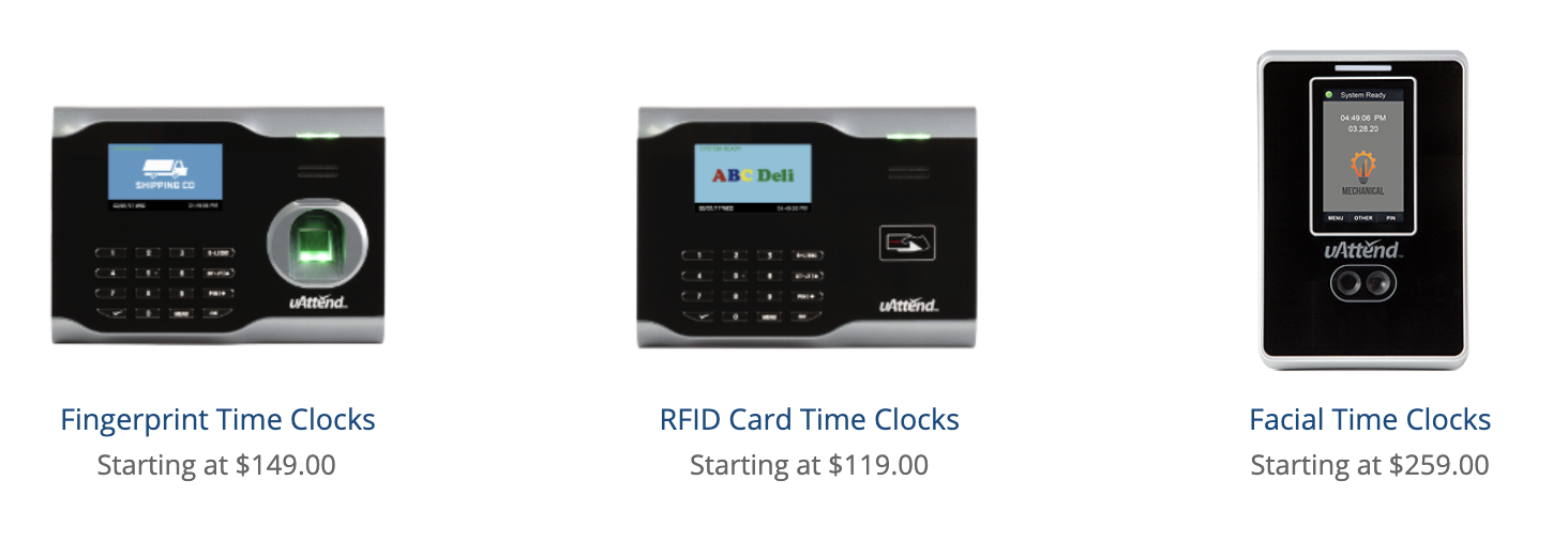 Les différentes options de produit d'horloge biométrique sur le site Web de uAttend.