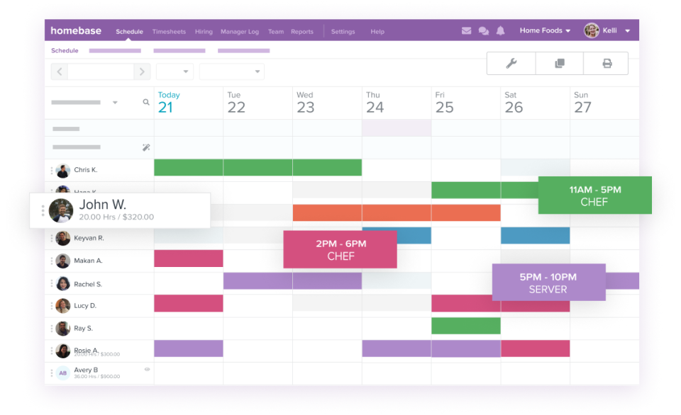 Programación de empleados en Homebase