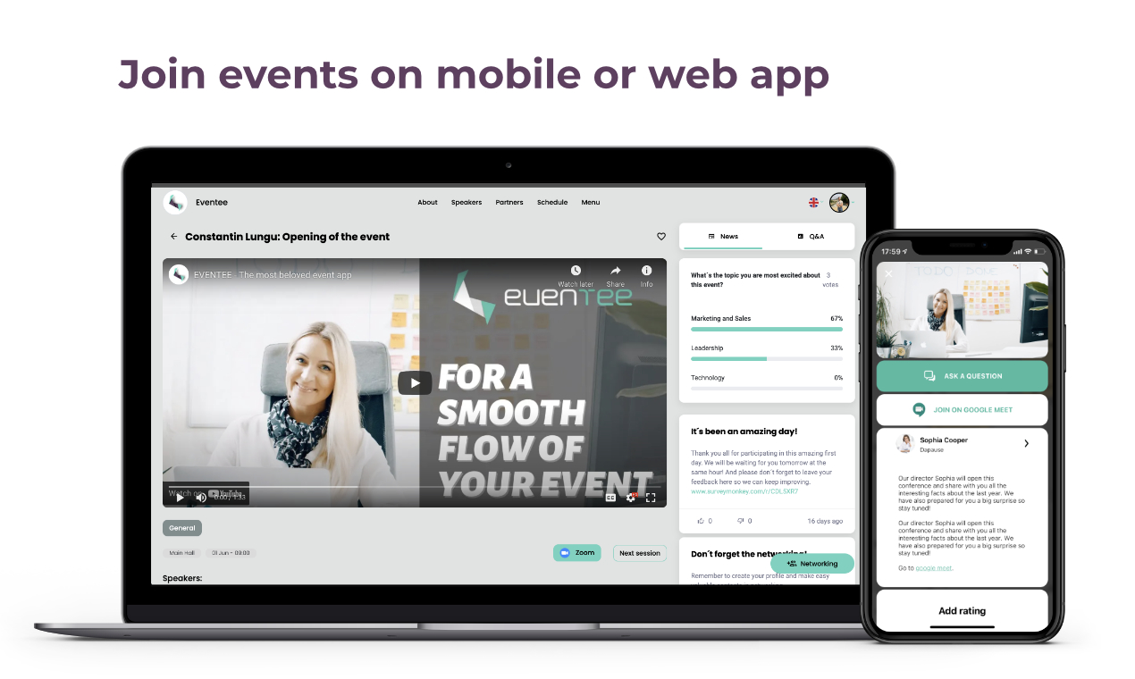 Asistir a un evento virtual en la aplicación móvil y web de Eventee