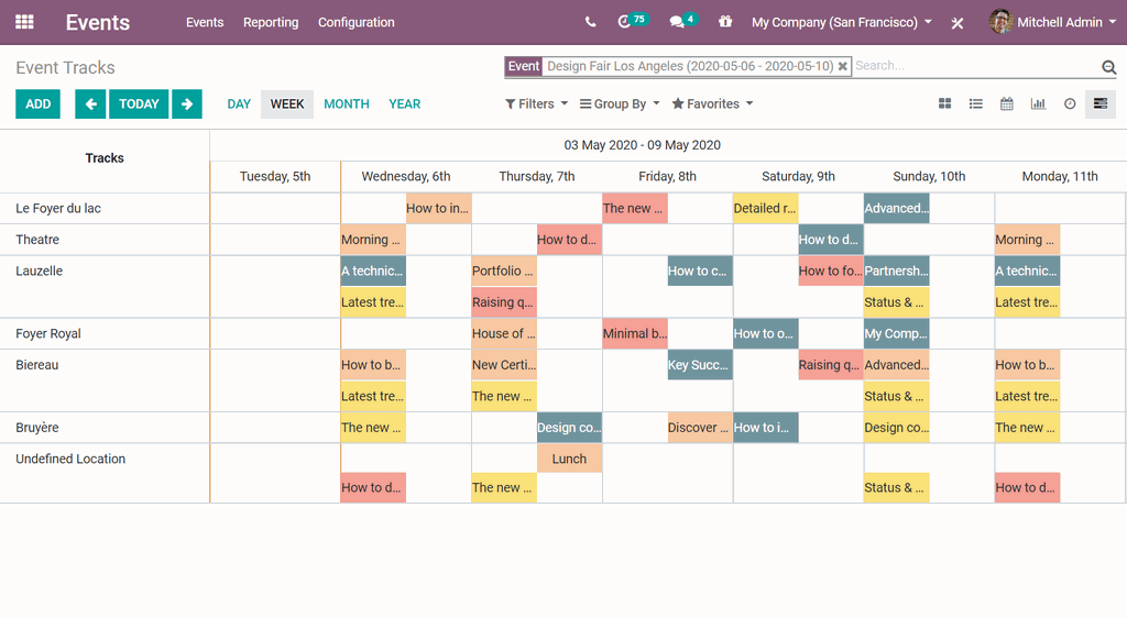 Calendario de eventos en Odoo Events